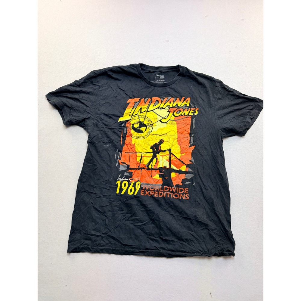 Indiana Jones Graphic T-Shirt Mens Large Black Excellent 1969 Expeditions Tee